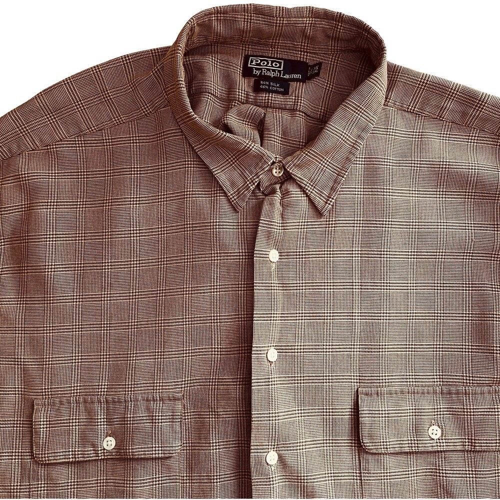Polo Ralph Lauren Mens Shirt 3X Brown Glen Plaid Cotton Silk Blend